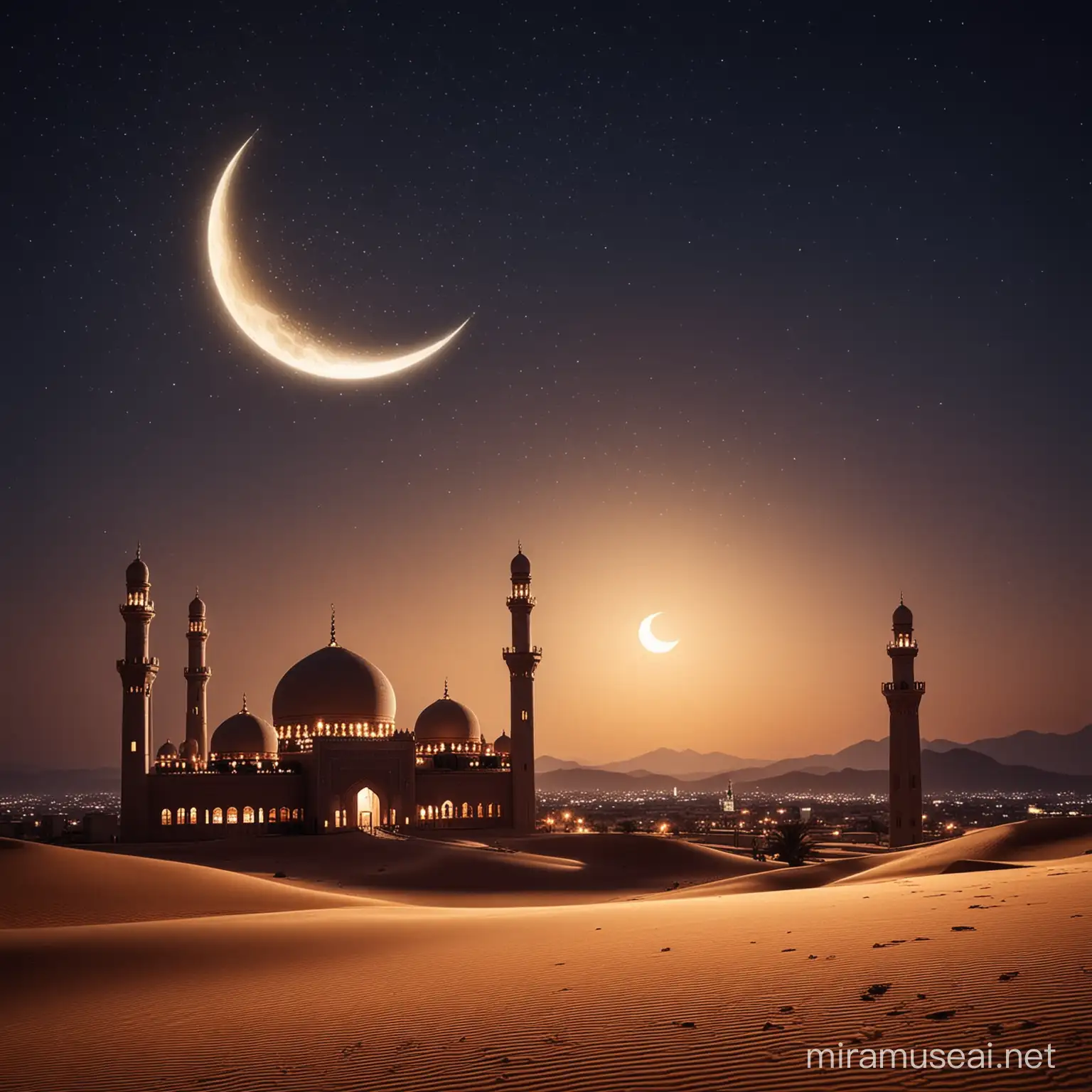 Eid mubarak mosque in night lit with the crescent moon in a desert