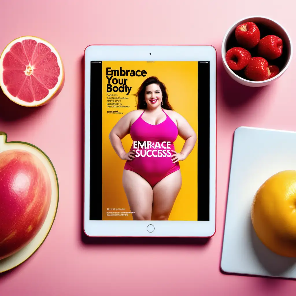     Design a striking Facebook ad visual featuring the ebook cover "Embrace Your Body - Embrace Your Success" with a vibrant and positive aesthetic, showing slightly chubby bodies, colorfully dreassed and holding an ipad.
    Include lifestyle images that convey happiness, confidence, and success.
    Utilize a consistent color scheme that resonates with positivity. Photo realistic, cinematic contrast,  kodak gold 400.