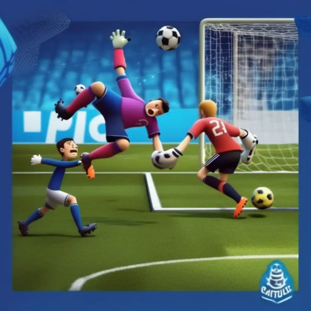 Make this picture look more epic and cartoon 3d with soccer player scoring a goal. A goalkeeper trying to save it.