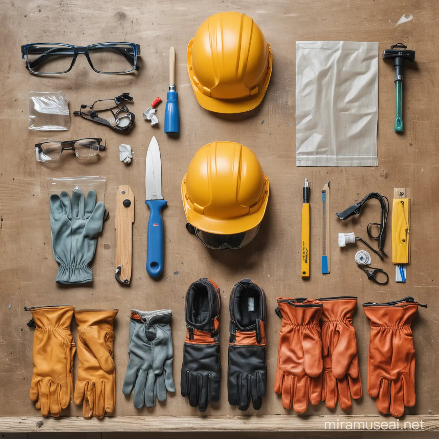 equipamentos de proteção individual, luvas, óculos de proteção e capacete, area 
de trabalho  de carpinteiro  limpa, organizada 