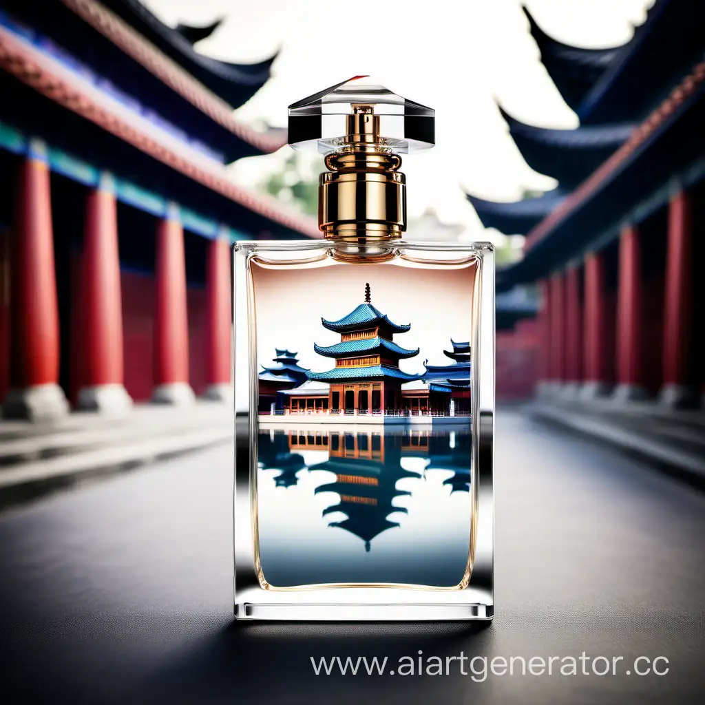 Роскошный изящный парфюмерный флакон, отражающий азиатскую культуру (архитектура, музыка, религия).