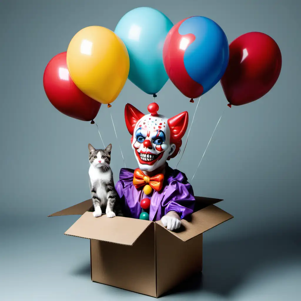 Whimsical Clown Unveils Mysterious Skull with Playful Balloons and Surprise Cat