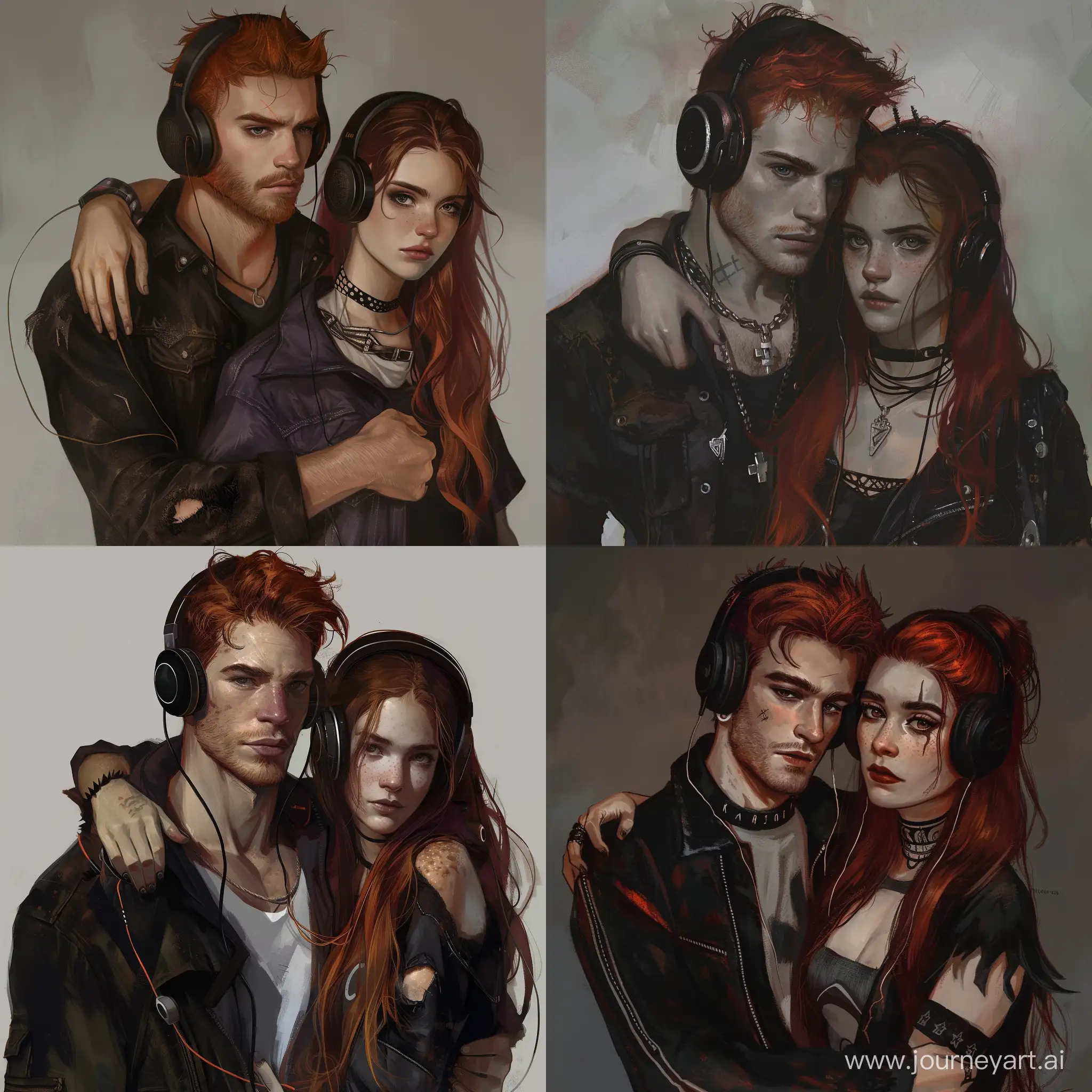 elizabeth peyton style. a 40 year old man with red hair and a 5 o clock shadow. a 20 year old girl in goth clothing with long auburn hair. both are wearing over the ear headphones. the man has his arm around the girl