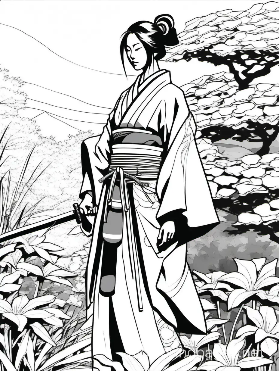 Japanese Samurai maiden in a garden, by Josef Kote, Coloring Page, black and white, line art, white background, Simplicity, Ample White Space. The background of the coloring page is plain white to make it easy for young children to color within the lines. The outlines of all the subjects are easy to distinguish, making it simple for kids to color without too much difficulty