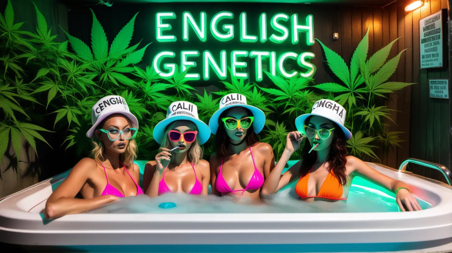 Female Super Models inside a working bubbling jacuzzi, wearing neon mixed colour hats, glasses and bikini swim wear drinking cocktails smoking cannabis blunt wraps whilst a big neon glowing sign in the background saying "English Cali Genetics" and thick budded cannabis plants around the sign 