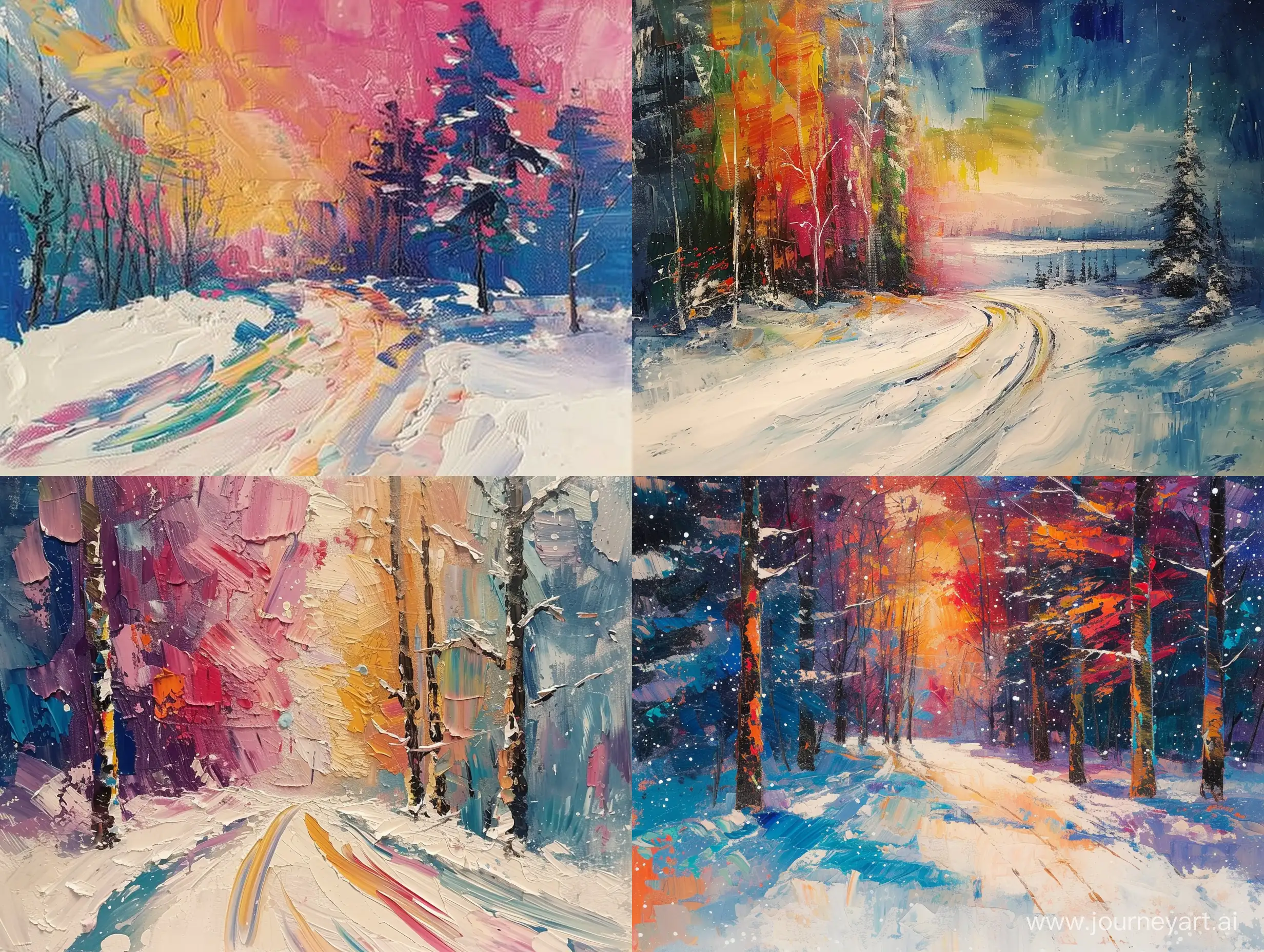 Зимний пейзаж, streaks of paint, экспрессионизм, vibrant, --s 250