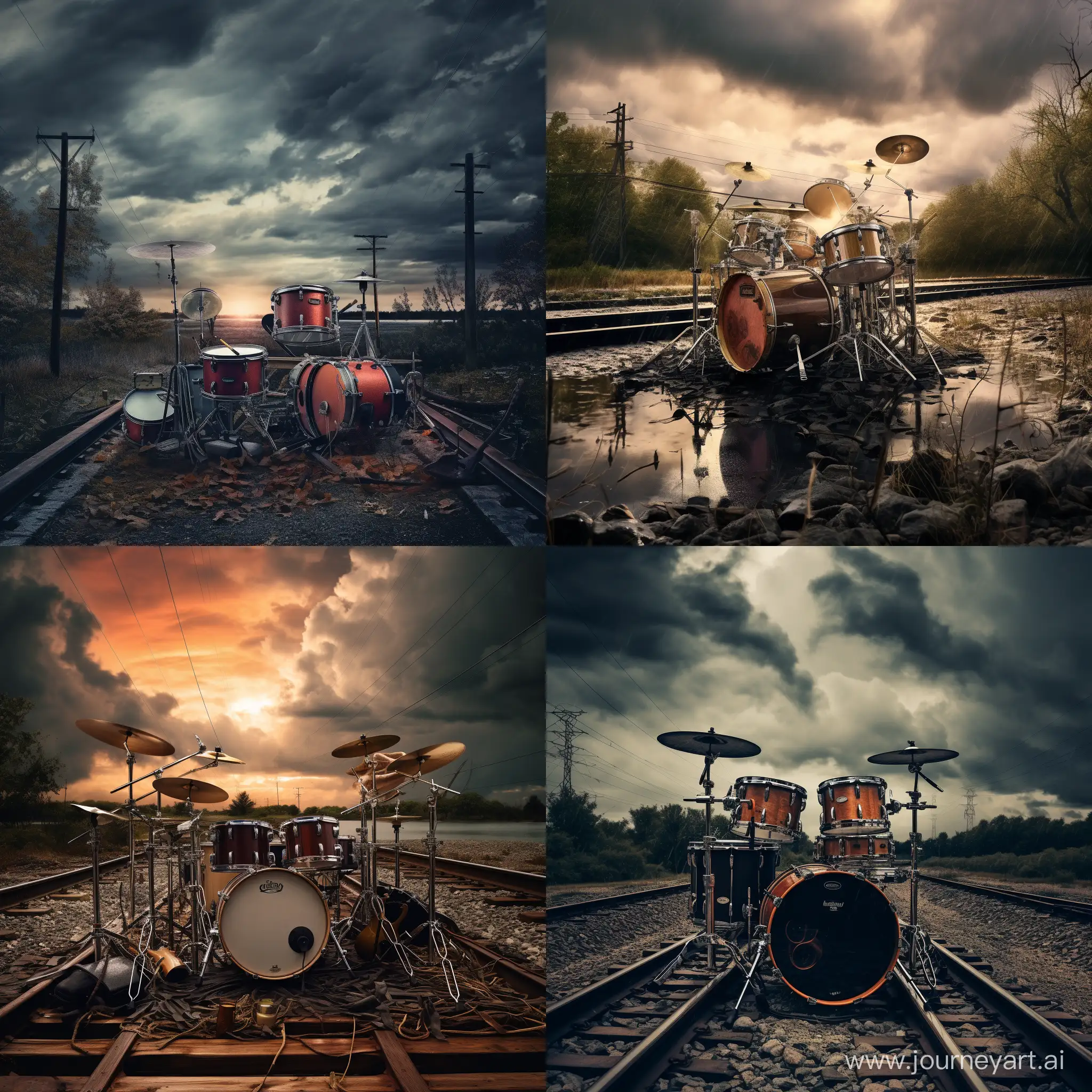 a drum kit at the end of a moving train, looking upstream, the sky before the storm