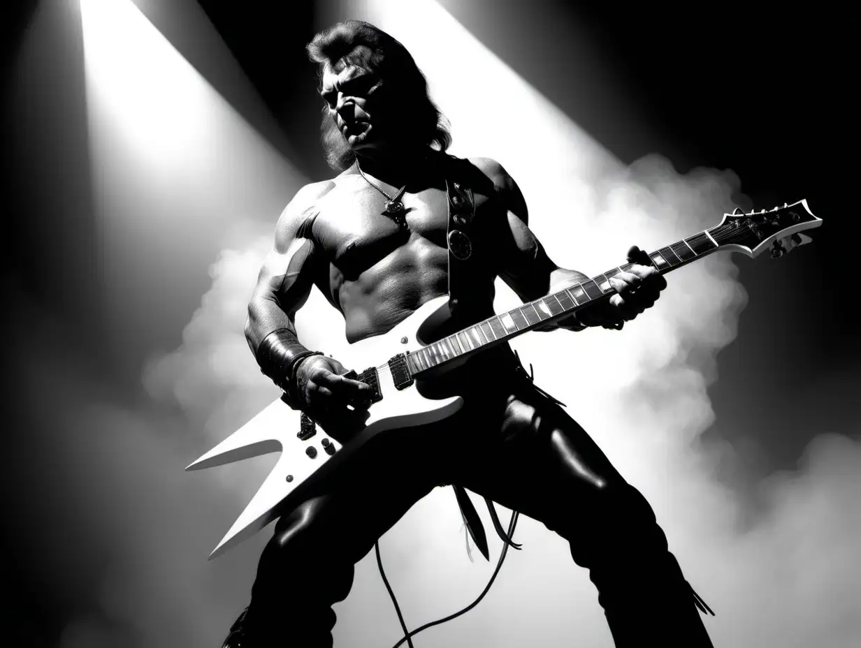 Frank Frazetta as heavy metal guitarist soloing on stage with white light coming from behind  Frank Frazetta style