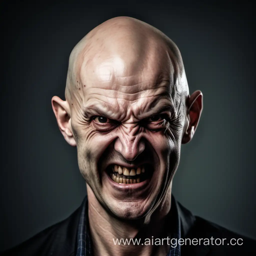  a thin bald tall angry man with an evil grin portrait