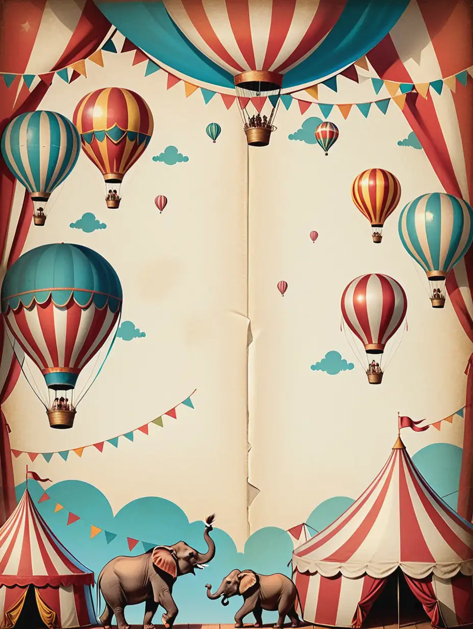 vintage Circus background papers with tents, hot air balloons, lions, elephants, moneys, clowns and trapeze artist and having burnt edges