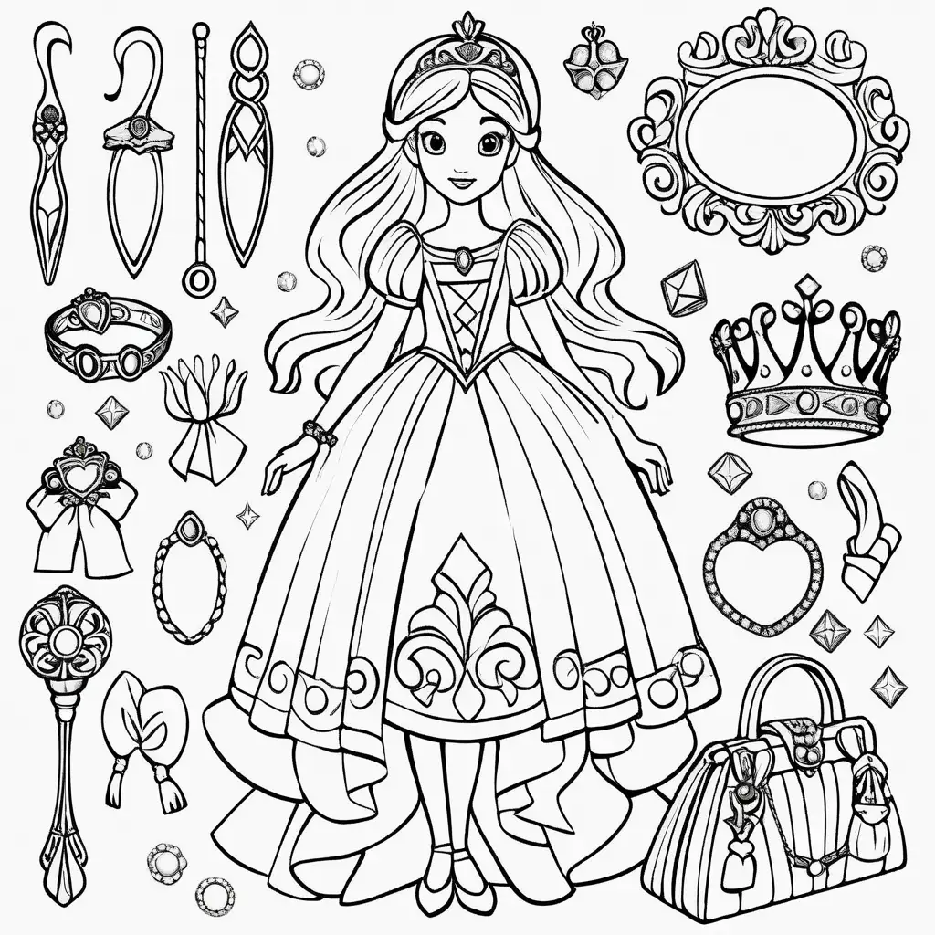 coloring page princess's accessoirs simple
