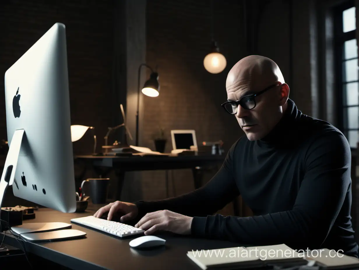 a bald handsome male screenwriter, sitting at his desk at his very expensive loft. think black glasses. wide shot. he is typing on his apple imac. 