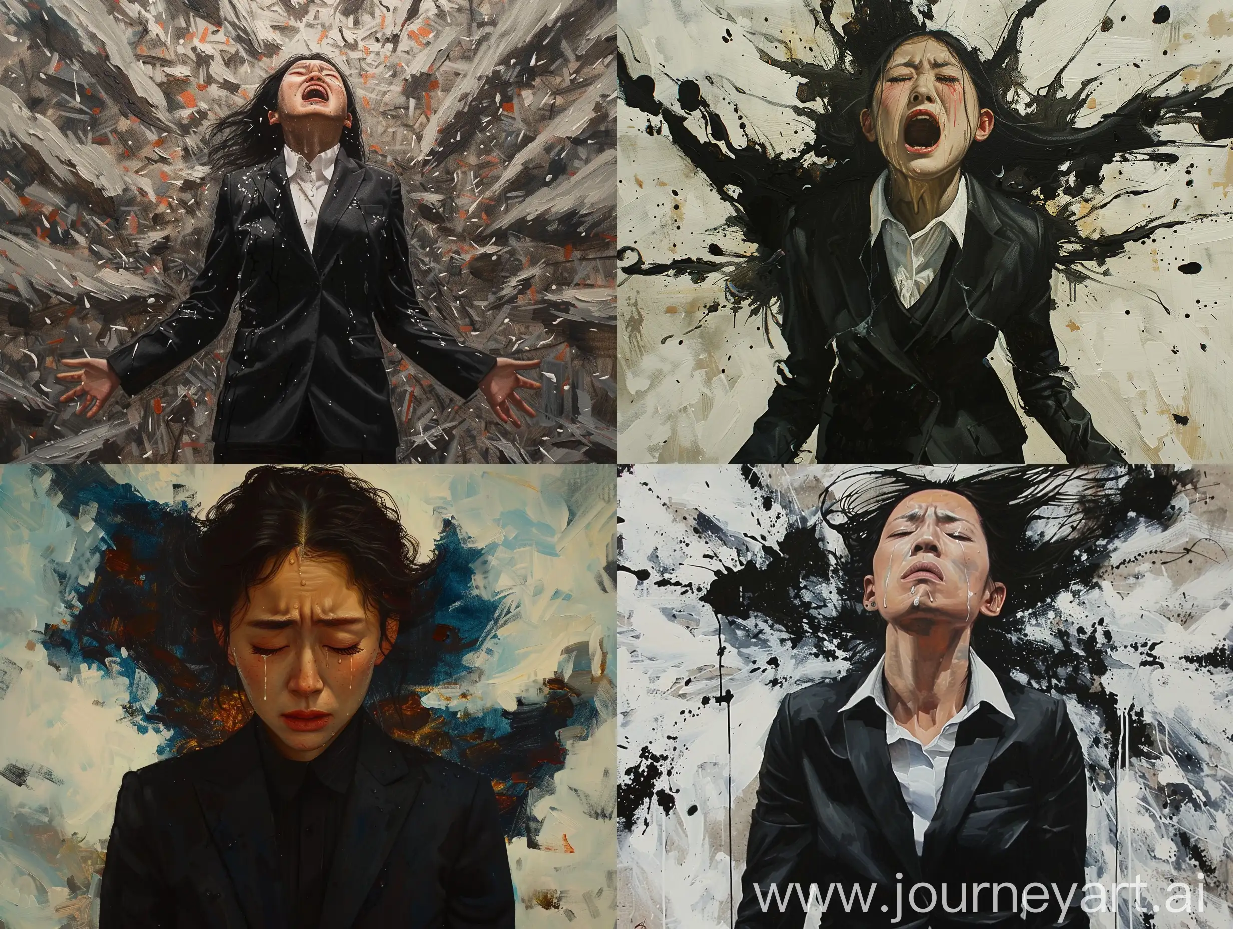 Superdetailed Ryan J Ebelt style oilpainting of the A proud Japanese woman sheds tears in a black suit, upset, twisted and gradually shattered