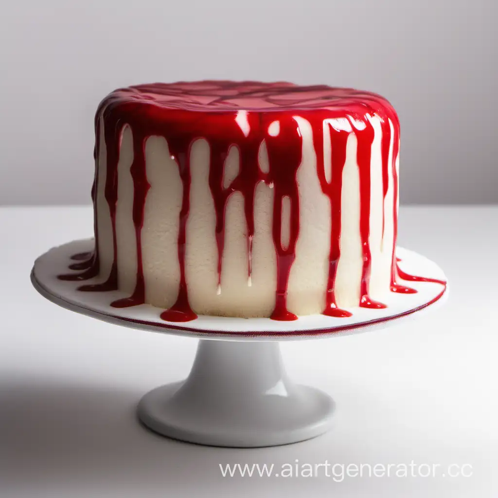 пустой белый торт с красными подтеками глазури с верху на белом фоне с боку по центру