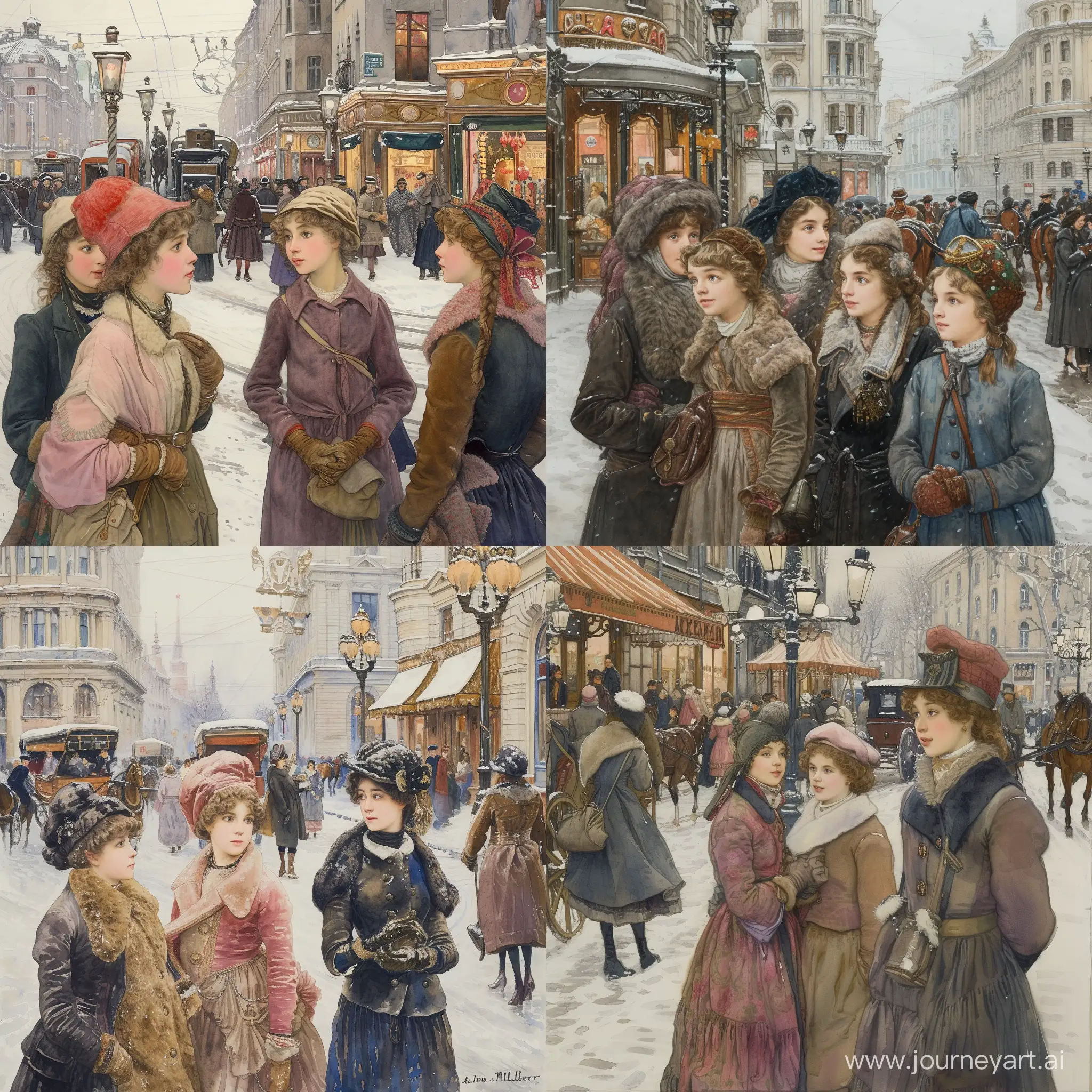 Subject: The central theme of the image is a winter scene in Moskau in 1910, capturing the essence of a busy street Arbat. The focus is on a group of elegant girls, highlighting the fashion and lifestyle of the time. The artist, John Everett Millais, skillfully brings the historic setting to life through his Wathercolor painting. Setting: The background features a bustling street in Moskau during winter, creating a lively atmosphere with people engaging in various activities. The winter setting adds a charming touch, with perhaps snow-covered streets and vintage architecture Arbat. Style/Coloring: Millais employs the classic style of oil painting, using rich and warm colors to evoke the ambiance of the early 20th century. The winter palette may include cool tones like blues and grays, contrasting with the vibrant colors of the girls' clothing. Action: The girls are depicted engaging in daily life activities, suggesting movement and vivacity. Millais captures the dynamic energy of the busy street, enhancing the narrative of the era. Items/Costume: The girls are likely adorned in fashionable clothing of the time, showcasing the trends and styles prevalent in 1910 Moskau. The painting may feature accessories such as hats, gloves, and other period-specific items. Appearance: The characters' appearances are refined and sophisticated, reflecting the societal norms and fashion of the early 20th century. Millais pays attention to detail, emphasizing the unique facial expressions and features of each individual. Accessories: The accessories in the painting, such as street lamps, horse-drawn carriages, and storefronts, contribute to the historical context. These details add depth and authenticity to the overall composition.