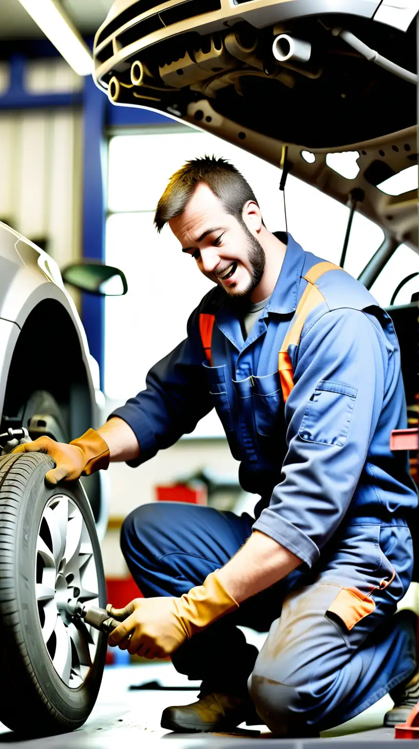 a car mechanic, at work carrying out repairs on a car