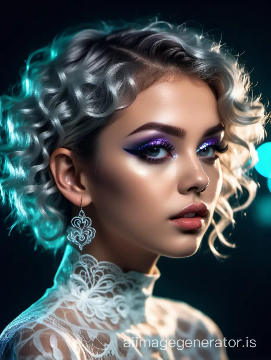 Beautiful girl, shiny makeup, eyeliner, curly Kare haircut, silver hair, made of delicate lace, earrings, expressive eyes, juicy full lips, realistic, beautiful ornament in the hair, professional photo, neon lighting, high resolution, aesthetically pleasing, close-up, double exposure