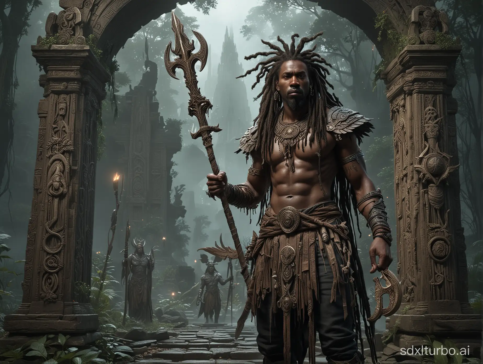 The high-resolution, detailed image shows a black man with dreadlocks, standing at the entrance to a mystical portal and holding a trident in his hand. He presents the imposing appearance of a warrior and is wearing a headdress and appears to be the main focus of the scene. In the background, there are several enchanted beings, giving more depth to the image.