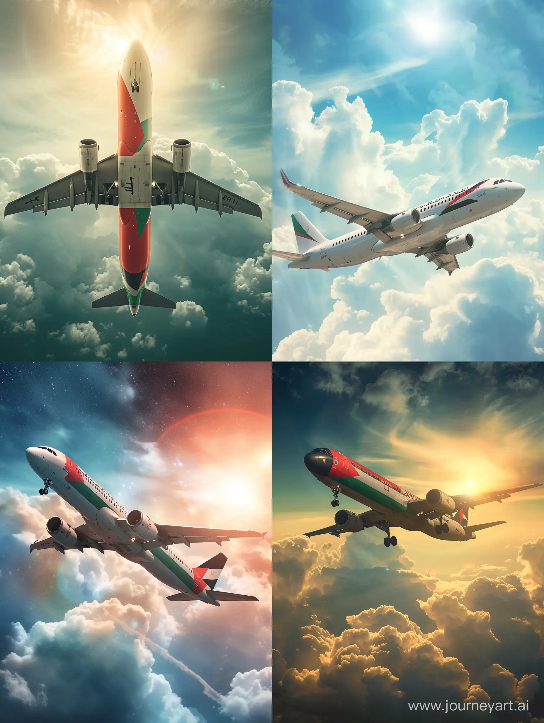 create a realistic image of an airplane with a Palestinian flag color theme, full body with a bright cloud background, HD, CINEMATIC