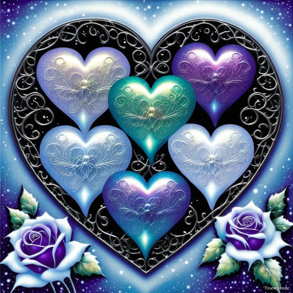 Five Beautiful opalescent Hearts, Beautiful Bi-colored roses, wintery background, filigree, sparkle, glistening, glowing, glittery, Deep Dark Purple, White, Black, Teal, Thomas Kinkade