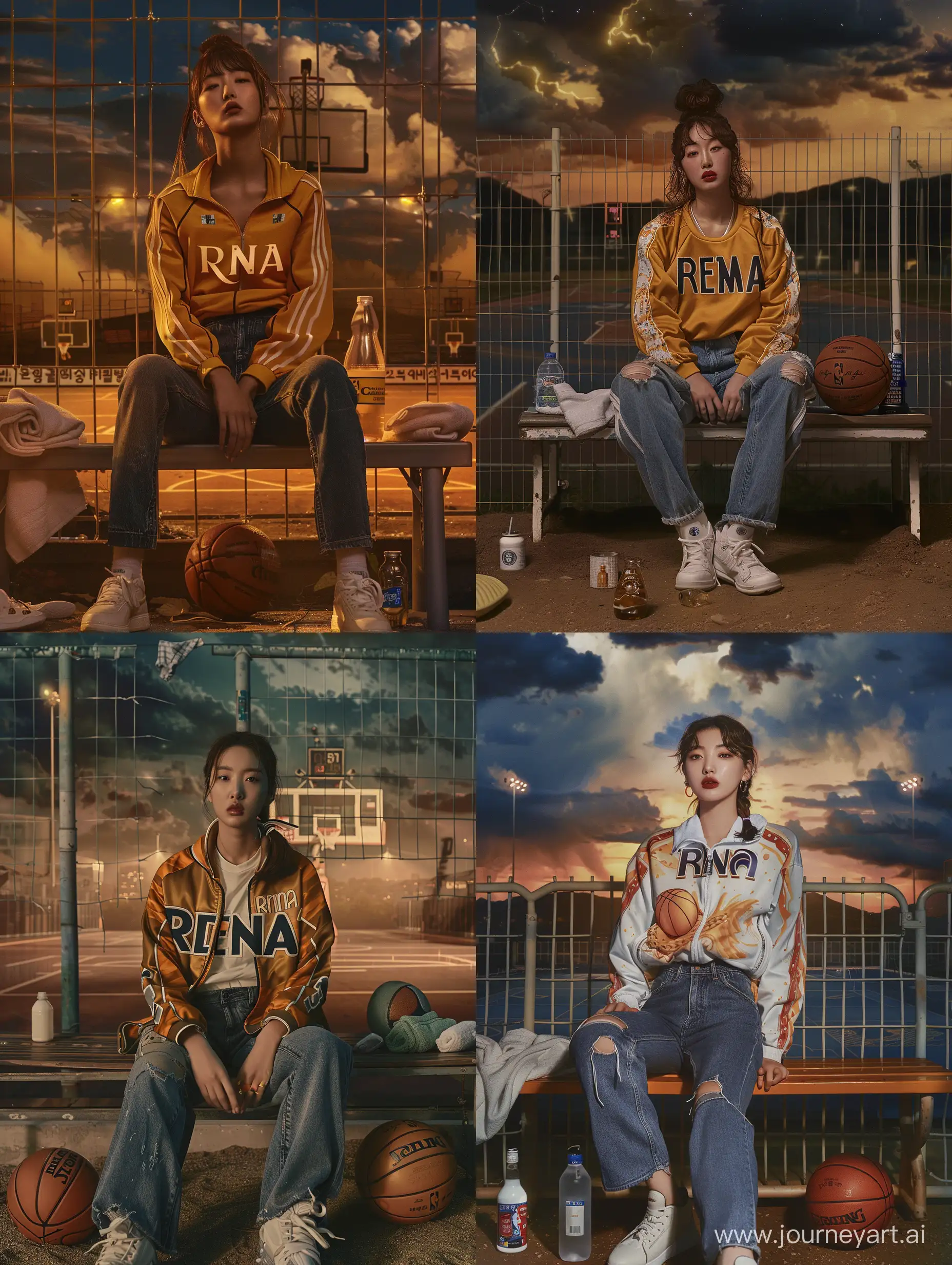 beautiful Korean woman with tied hair wearing a basketball tracksuit that says "RENA", jeans and white shoes, face must look real and detailed, sitting on a bench in front of the court fence, cinematic background showing a basketball court, basketball, small towel, drinking bottle, ultra HD, cloudy night, original photo, high detail, ultra sharp, 18mm lens, realistic, photography, Leica camera