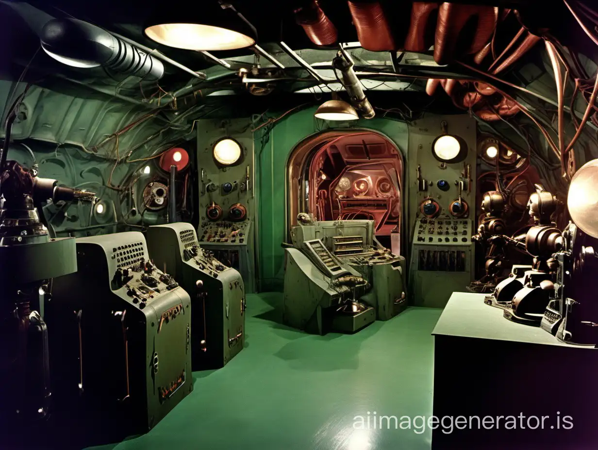((Full color photo)) of a 1940s spy movie villain's secret lair interior, exotic location, 1940s futuristic robots