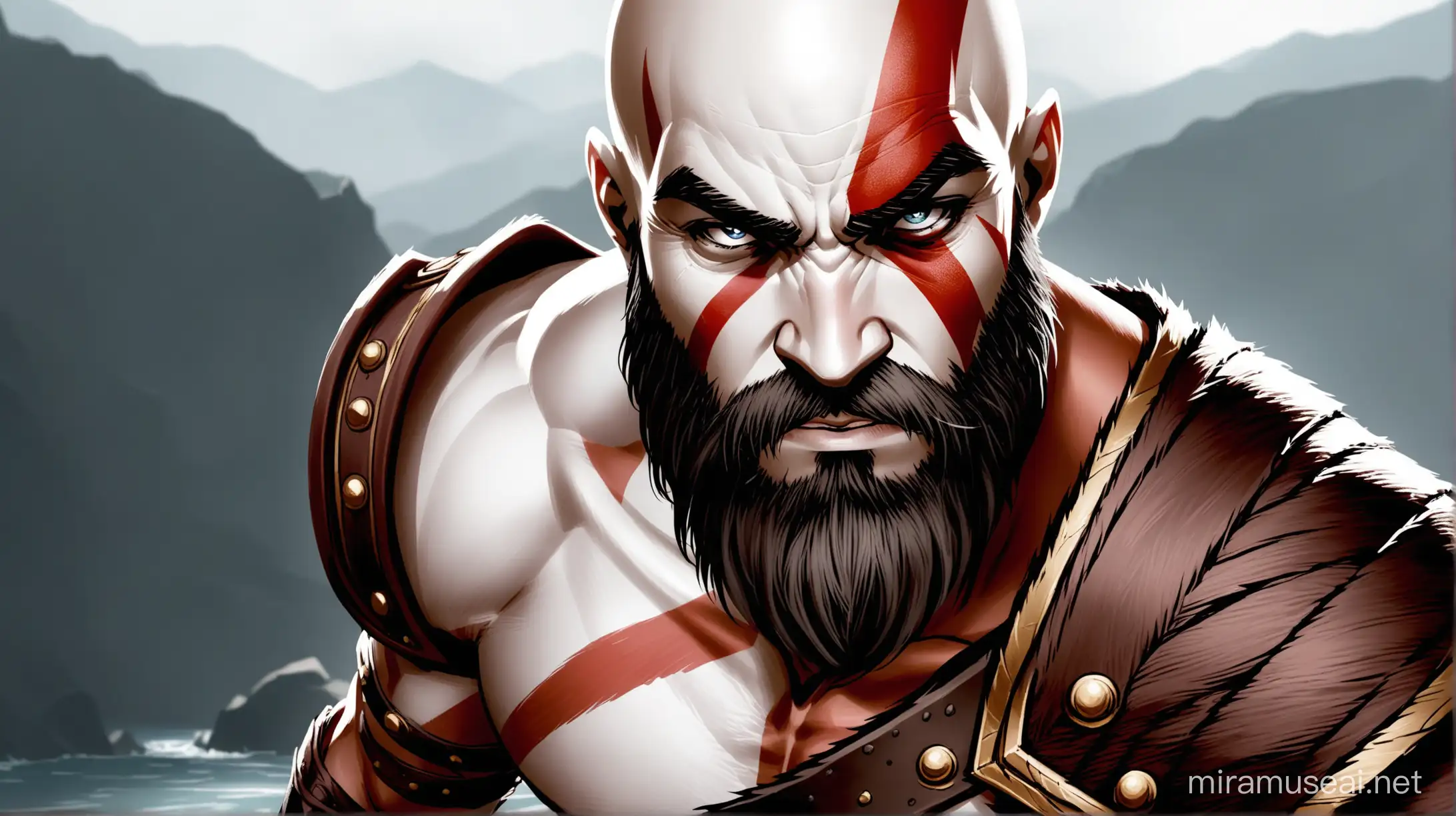 a frontal picture of kratos from god of war ragnarock looking at the camera