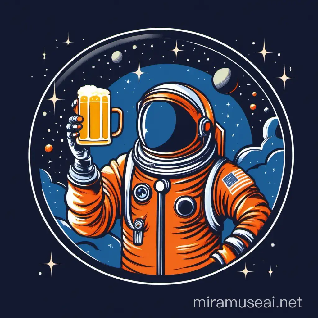 create a flat illustration in shades in 70’s style of navy blue and orange of an astronaut looking at a glass of beer which shines with its own light and illuminates the astronaut.
