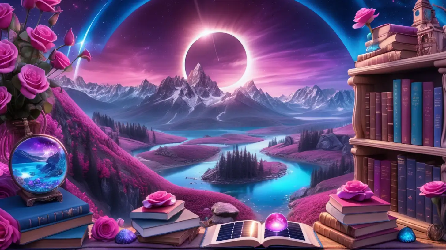 Solar eclipse in the sky, Magical-Fairytale mountains and bright-blue stream surrounded by pink roses, 8k, glowing magenta and purple and blue mushrooms, bookshelf with potions and books