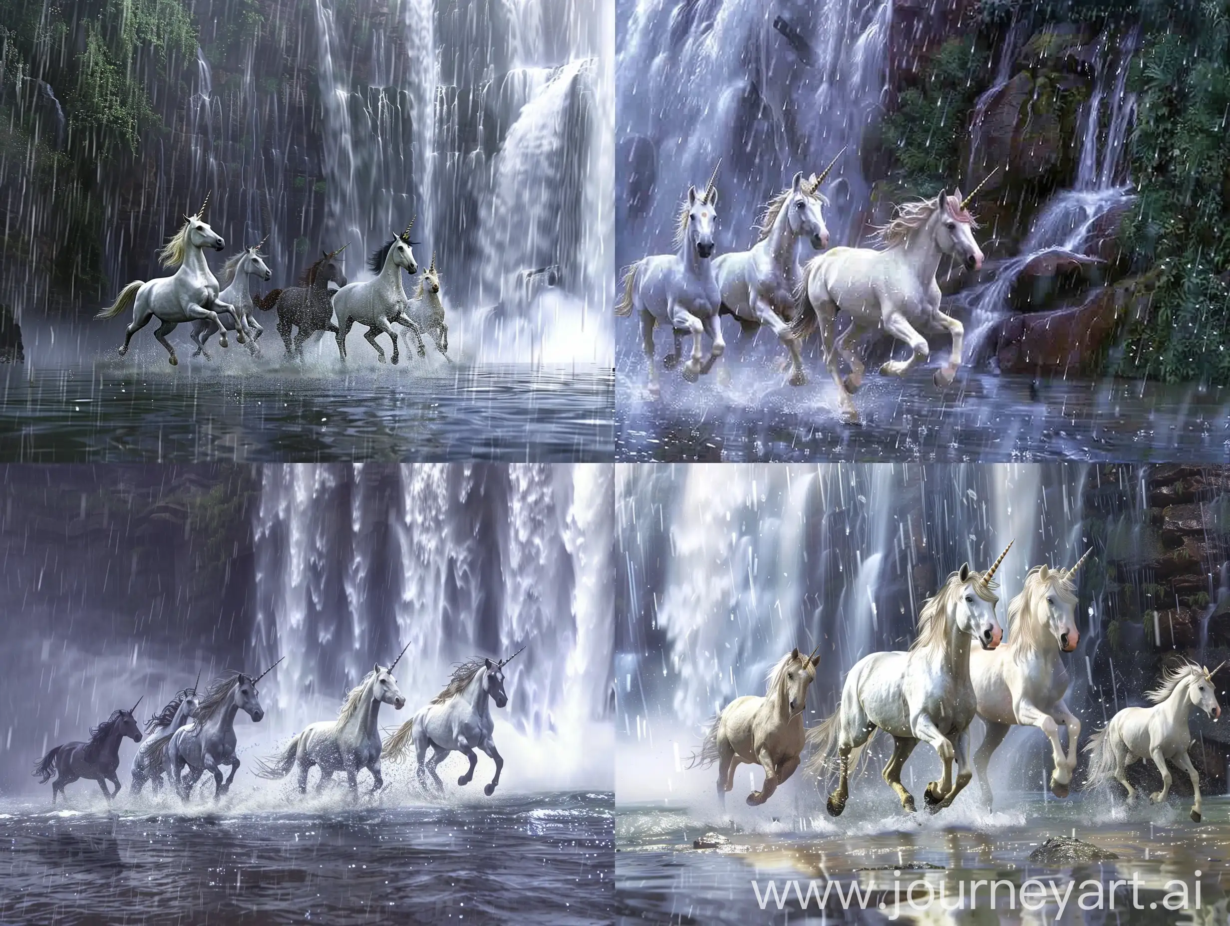 Create a realistic image of unicorns running in the rain near the waterfall