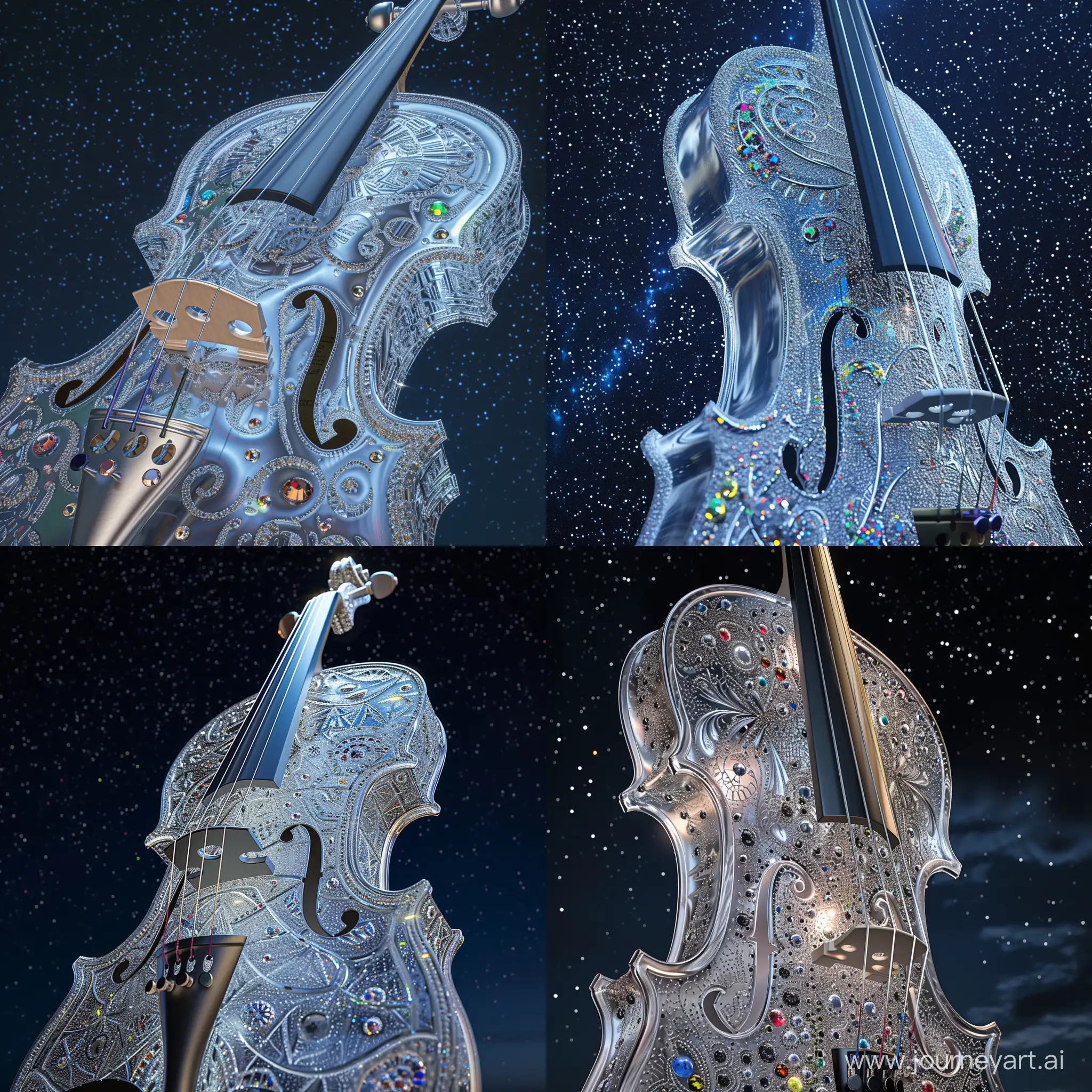 The crystal violin is visible in close-up against the beautiful night sky!!!!!! Beautiful silver patterns and colorful gems on the violin are visible!!!!!((masterpiece)), ((best quality)) , high detail,, highest detail, ah, high detail, color, beautiful, HDR, photorealistic,