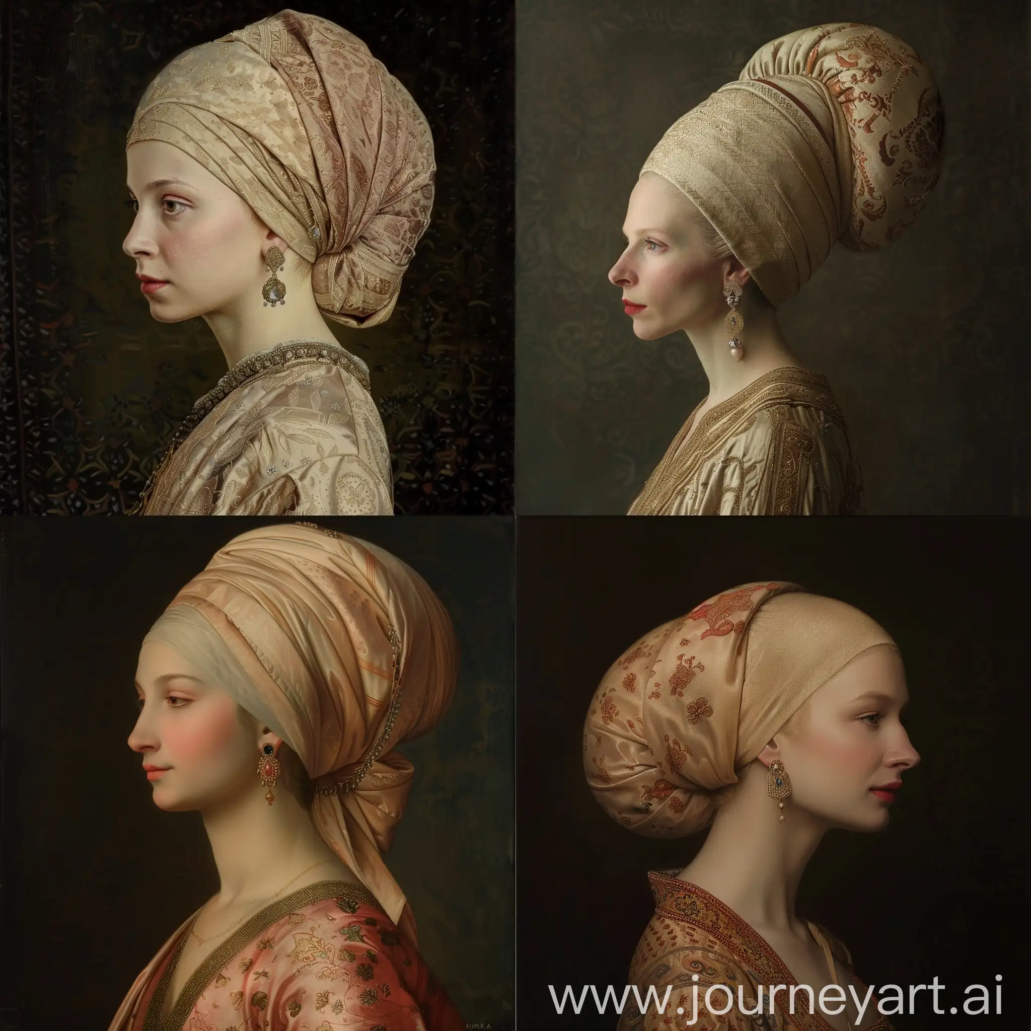 Portrait of Hürrem Sultan (Roxelana), the wife of Ottoman Sultan Suleiman the Magnificent, depicted in Ottoman silk robe and headdress, pale skin, slightly blonde hair, small lips, small nose, beautiful, nice earrings, side pose, dramatic lighting
