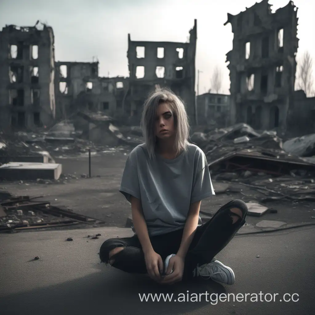ruined city in the background, in the foreground is a sitting sad girl in a gray oversize T-shirt,