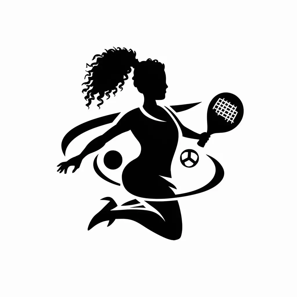 create a logo of a female padel player, curly haired, ponytail , 30 years old