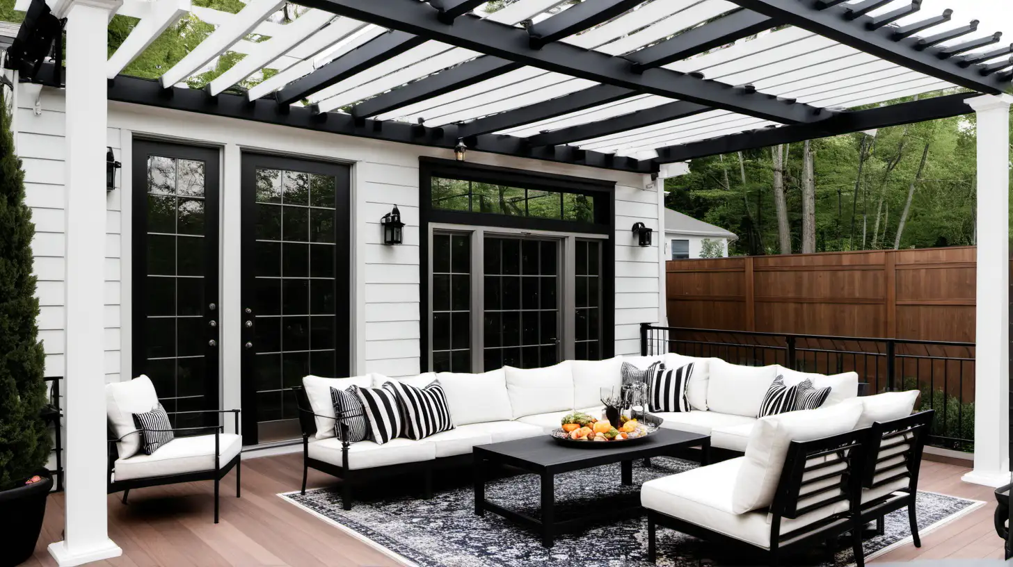 Backyard, wood deck, black iron railing, pergola, European, sofa, chairs, dining table, white siding

