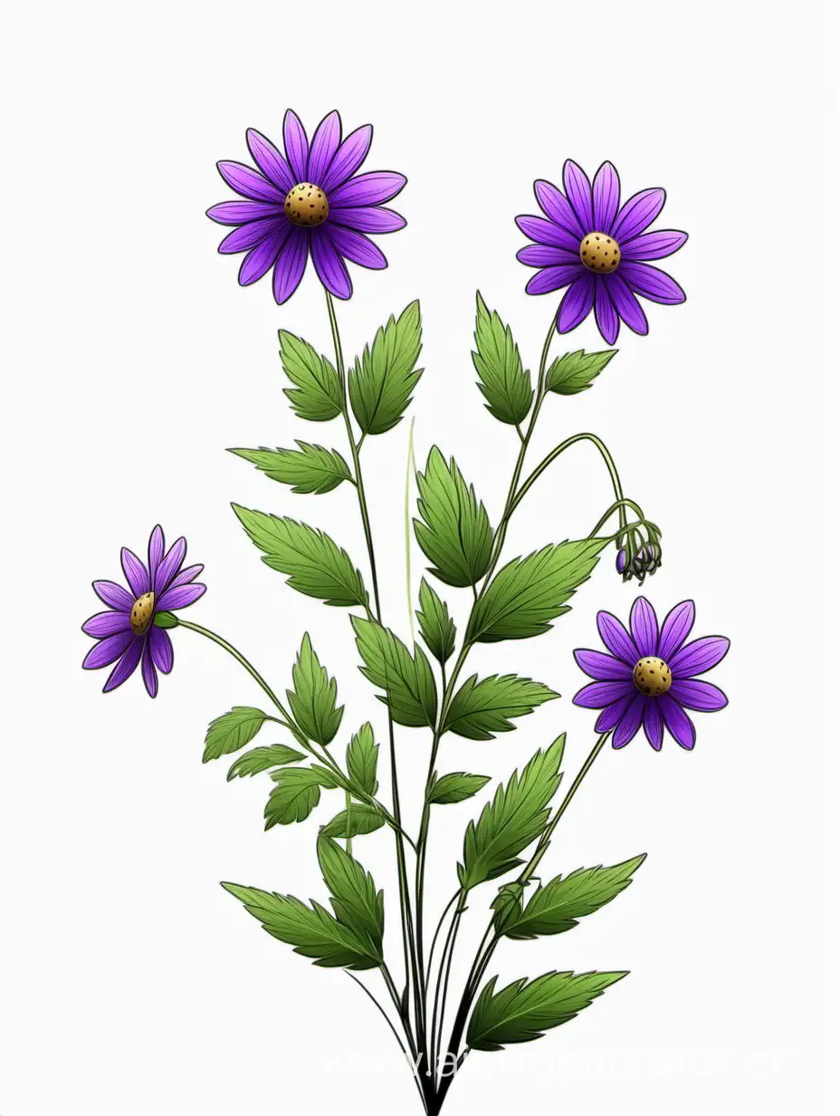 Purple Big wildflower 3 plants lines art, simple, herb, Unique floral, botanical ,grow in cluster, 4K, high quality, white background,