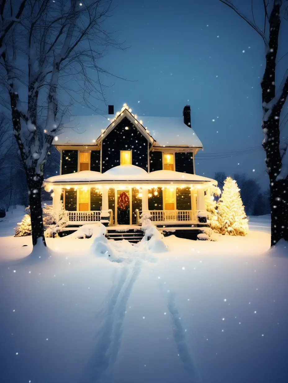 A house far away with lively lights far away in winter wonderland