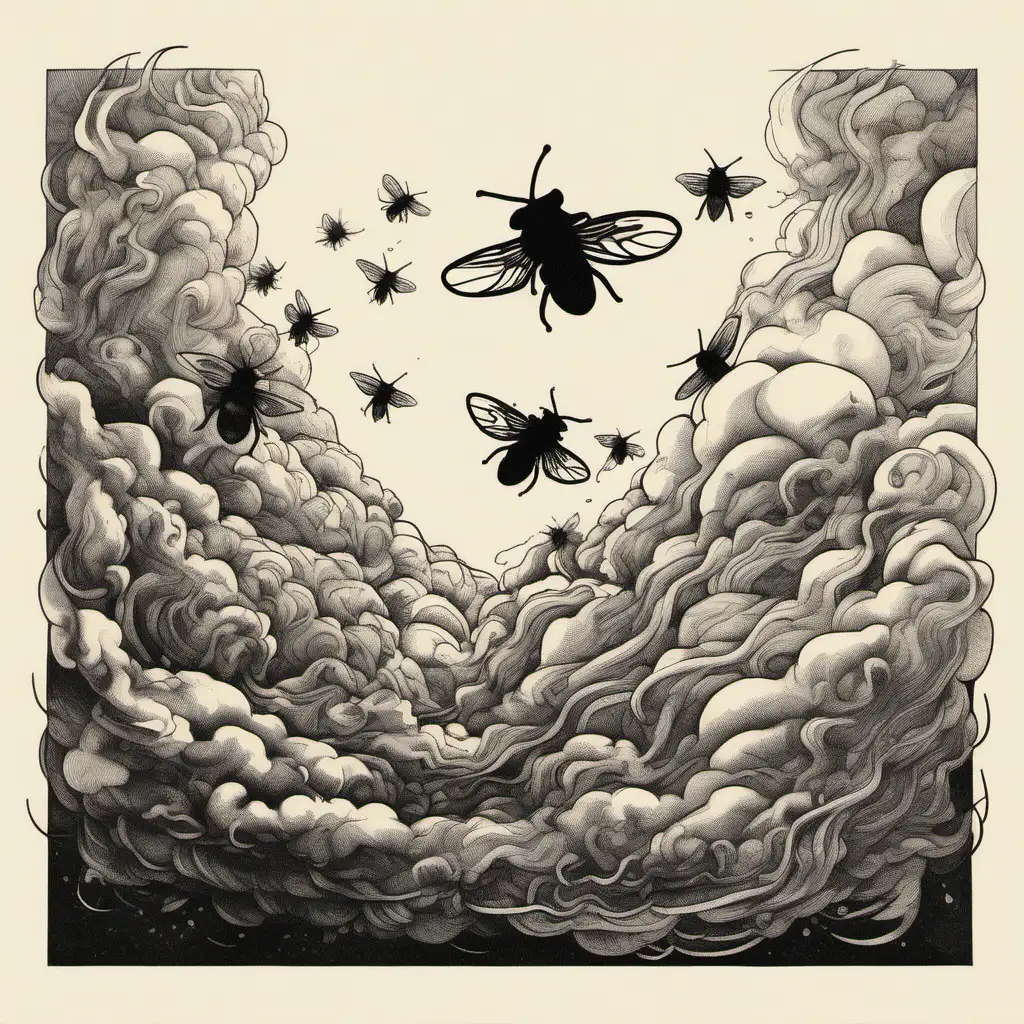A steaming pile of Shit laying on the floor, flies buzzing around, album cover, silhouette, fine liner black ink art 
