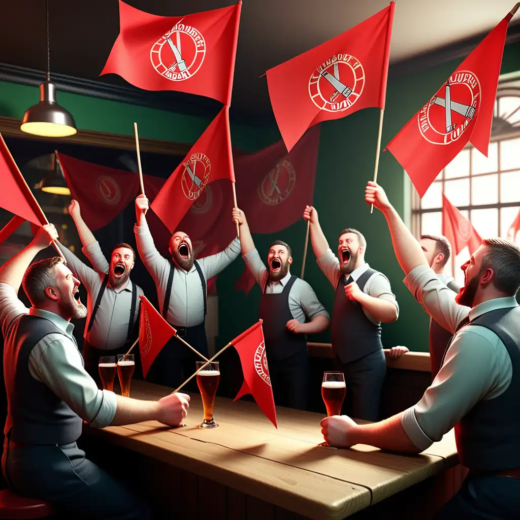 surrealistic image of the labour union members with red flags celebrating a succesfull strike in a pub.