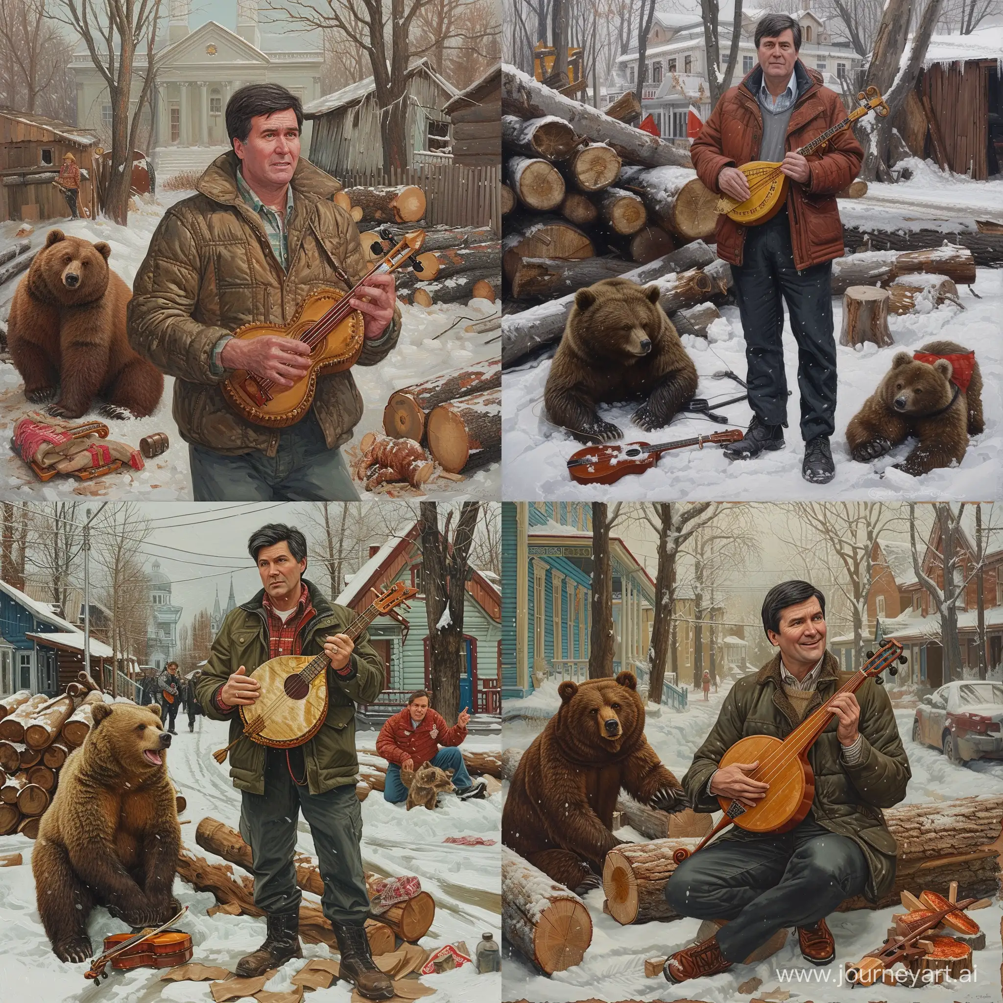 Такер Карлсон с балалайкой в руках, в зимней деревне, рядом дрова, рядом стоит медведь с балалайкой, гиперреализм, зима на улице