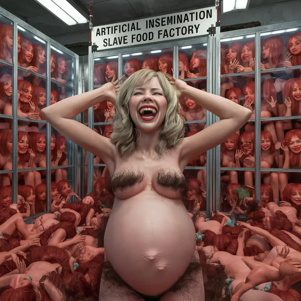 3d ultra realist resolution render, unreal engine render image portrait of blond young twenty girl russian women pregnant painful cry laughing arms up hair body armpits hairy looking giant storage square clear glass of overcrowd redhead young twenty girl russian women's kissing screaming crying painful, pancart write "Artificial insemination slave food factory".
