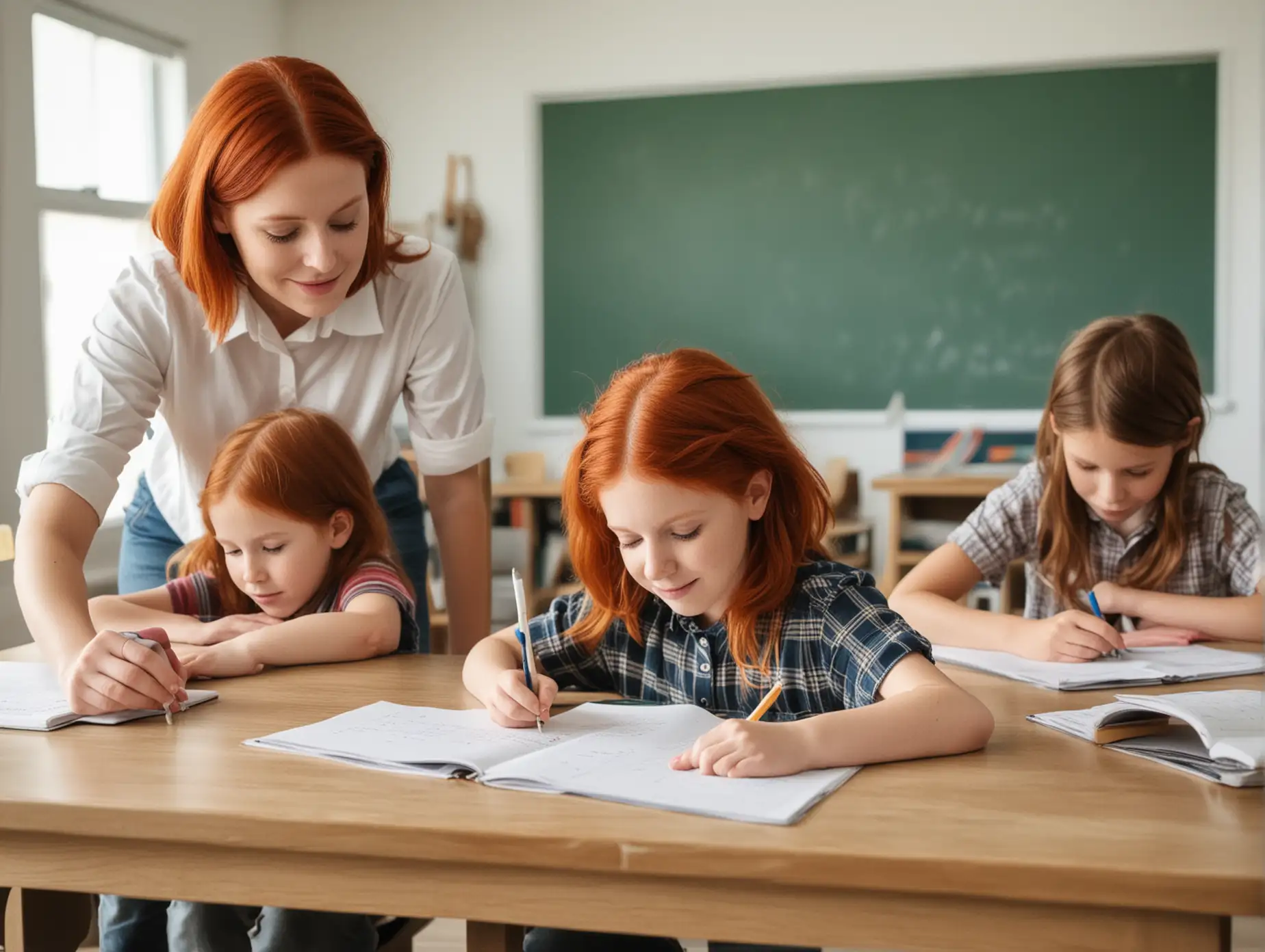 Homeschool mom in a home school room red head children doing school work 