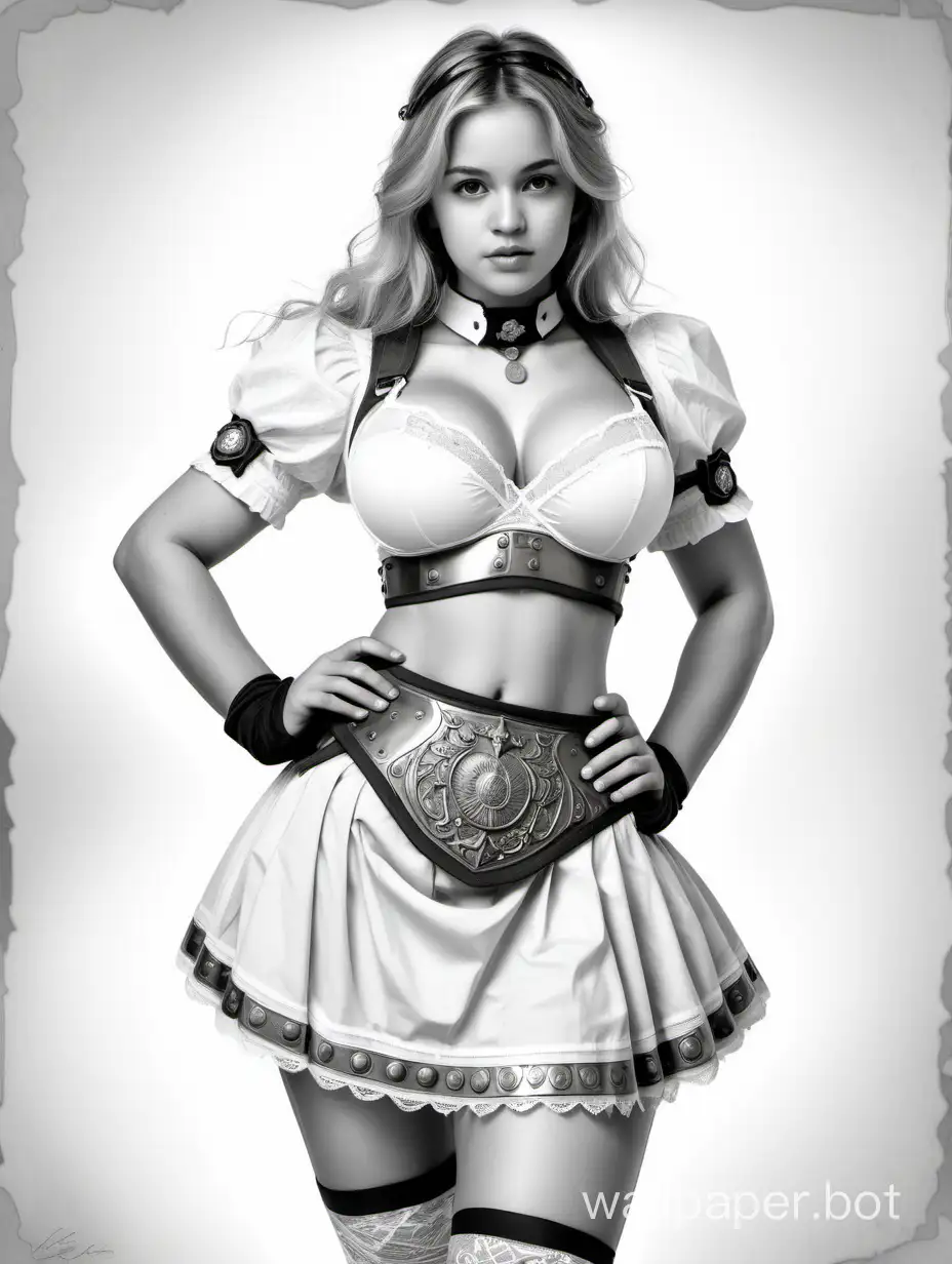 Camila Valieva, a Russian girl scout, with light hair, large breasts size 4, narrow waist, wide hips, antique armor, white lingerie, exposed belly, skirt with metal accents, black and white sketch, white background, Victorian style