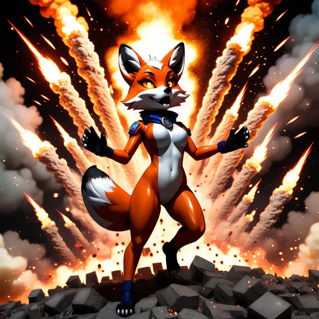 A female fox fursona surround by explosions