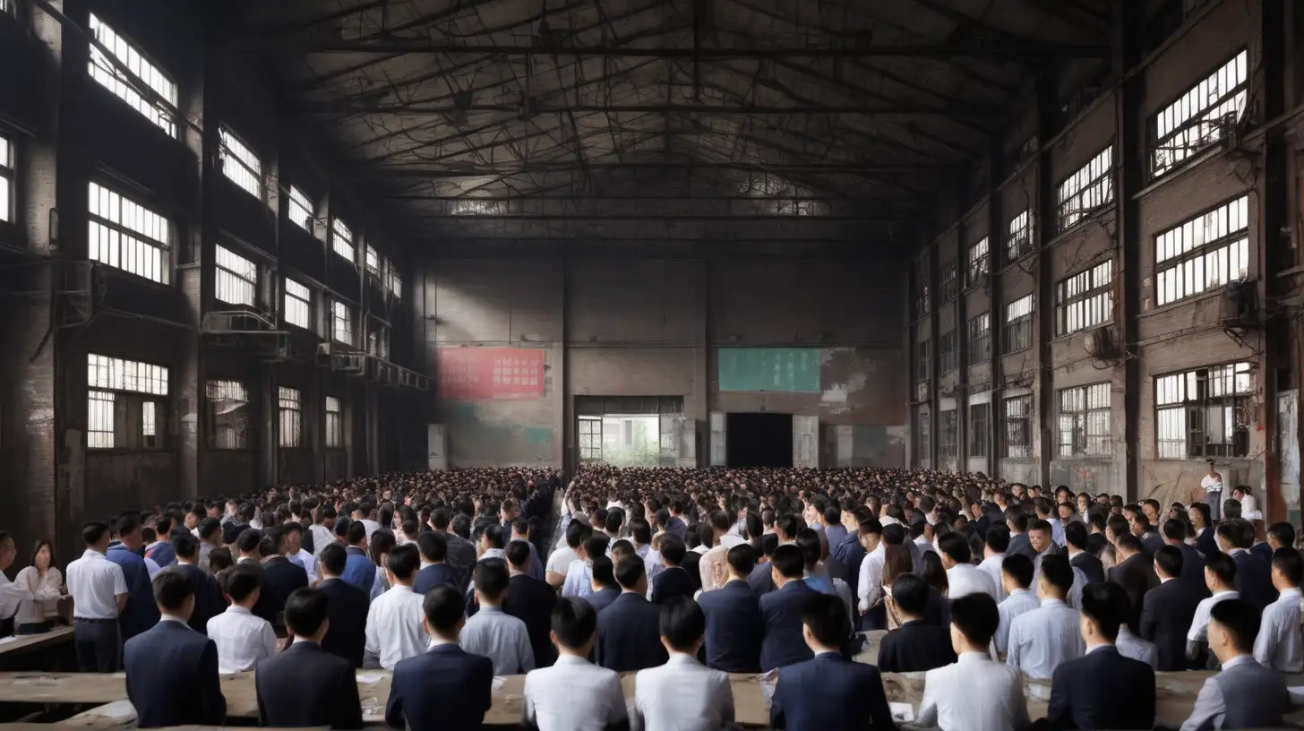 secret organization meating 100 people inside a bulding old factory  style china
