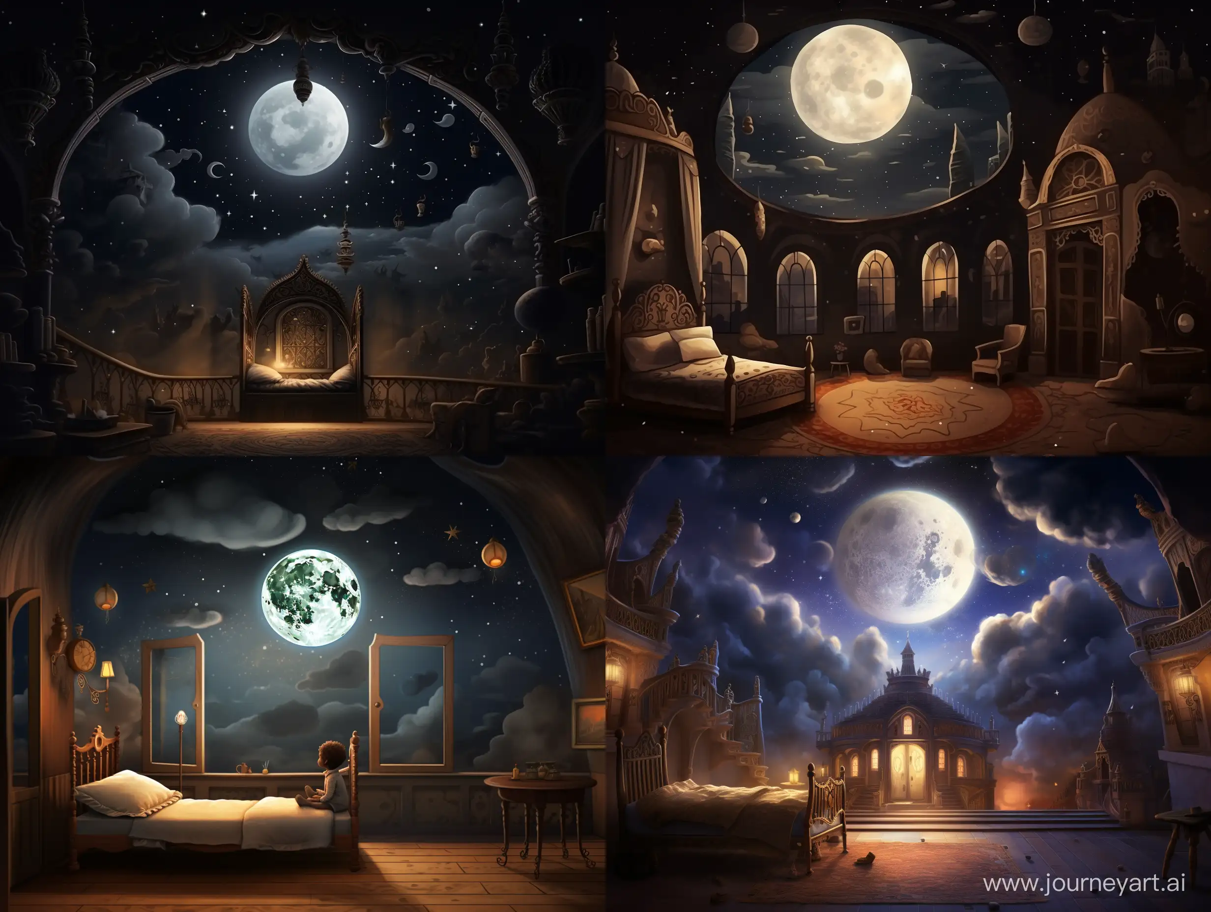 Illustration like a fairytale of a negro boy  on the mattress in his small poor room in Arabian palace , it is night, light of the moon, and  small white cloud is in his room, Arabian atmosphere 