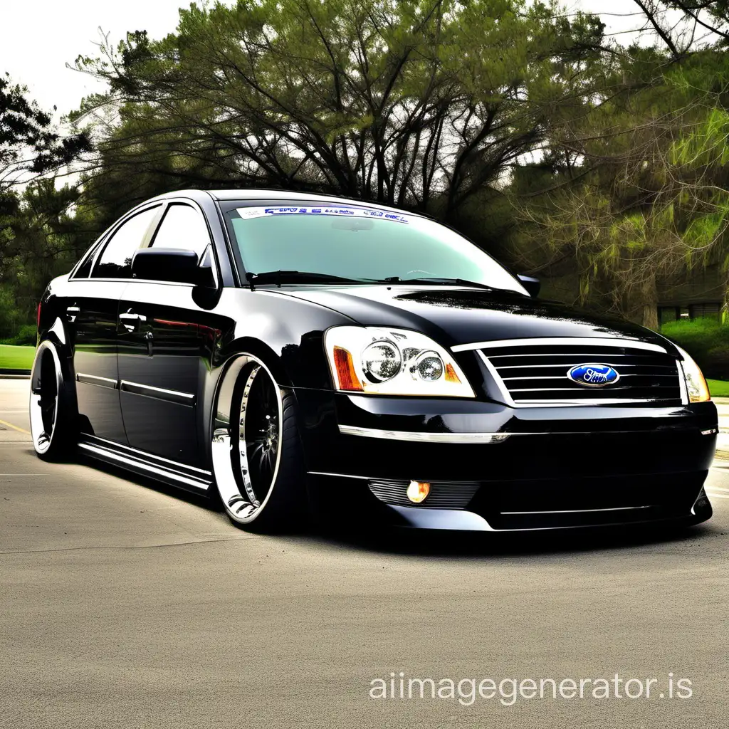 black 2006 ford five hundred on 18 inch chrome deepdish wheels, on coilovers, with negative wheel camber