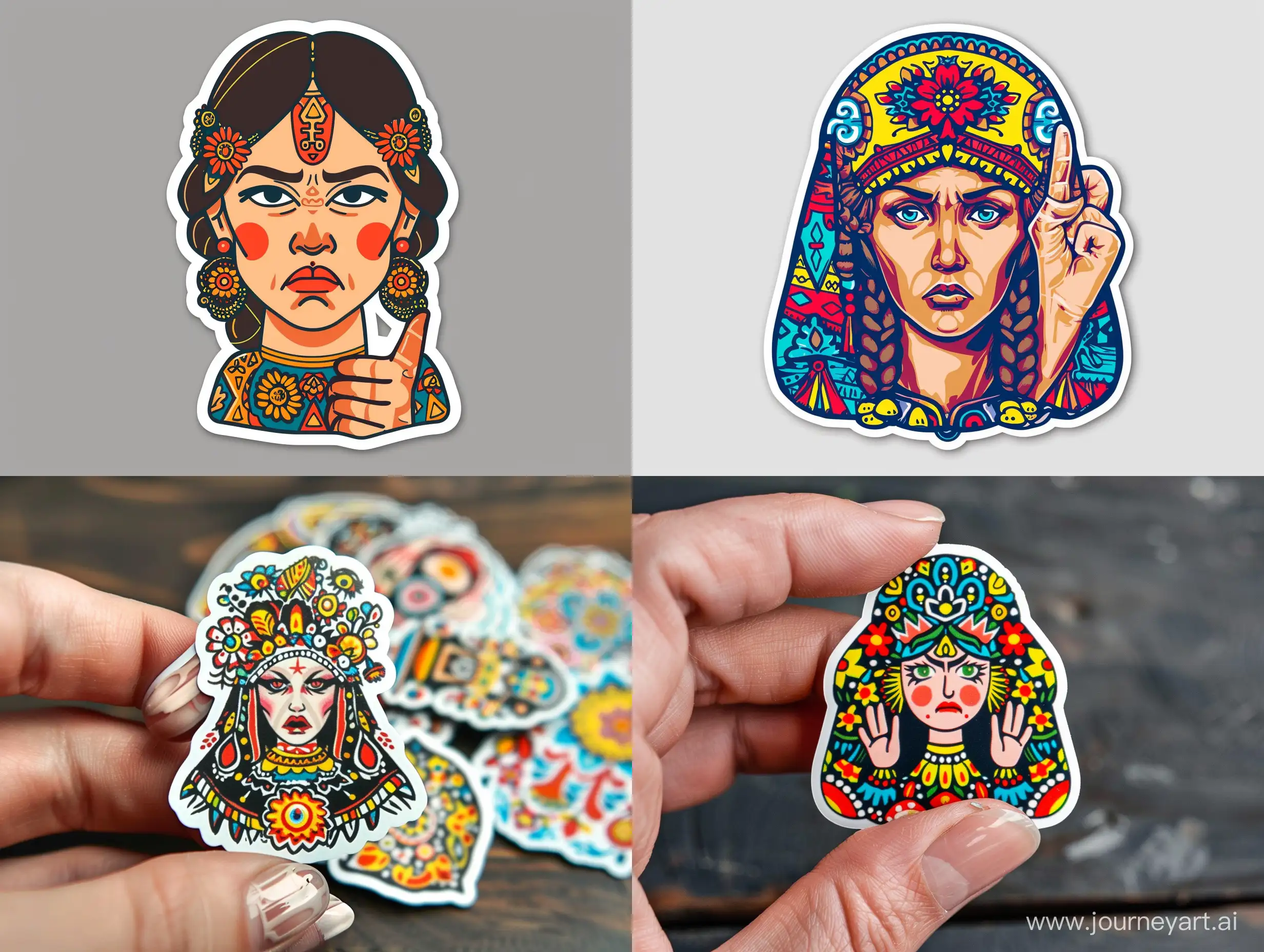 sticker set, Slavic folk beauty, emotion of anger, threatening finger
