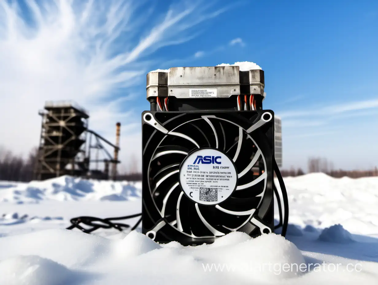 ASIC miner stands on the snow against the backdrop of Russian winter