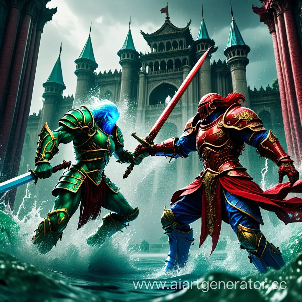 An underwater titan with green skin in blue armor, wielding a gigantic red sword, battles a warrior in crimson armor armed with a fiery sword against the backdrop of a palace made of green stone. The battle takes place underwater, amidst the rain.